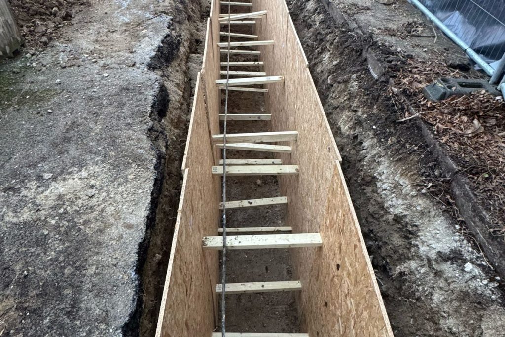 Reinforcement and timber formwork set in the foundation trench, Colchester