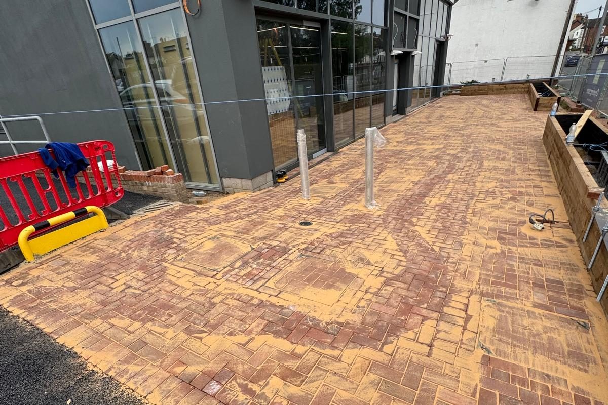 Completed block paving outside the shop frontage, Ipswich car park