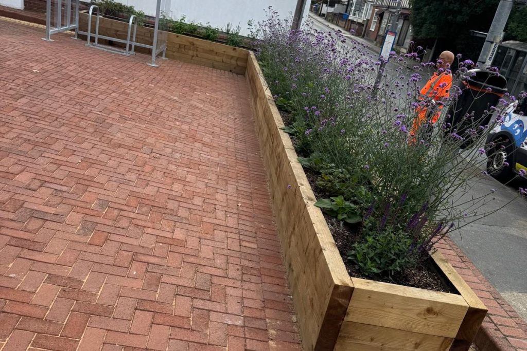 Completed paving with new timber planters, Ipswich