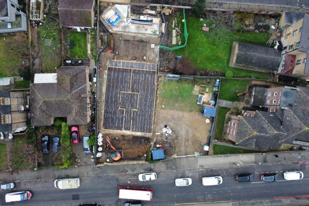 Elevated view of the constrained Lewisham site between terraced housing